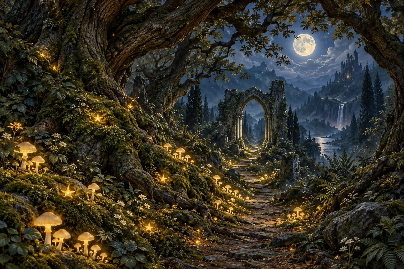 Golden lights scattered along a moonlit forest path beneath ancient oaks