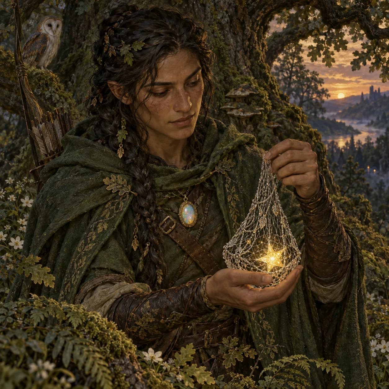 A forest hunter holding a silver net with a fallen star