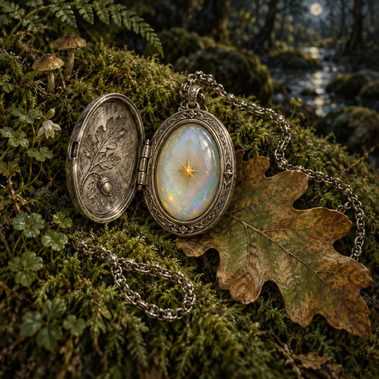 An open silver locket with a glowing opal resting on forest moss
