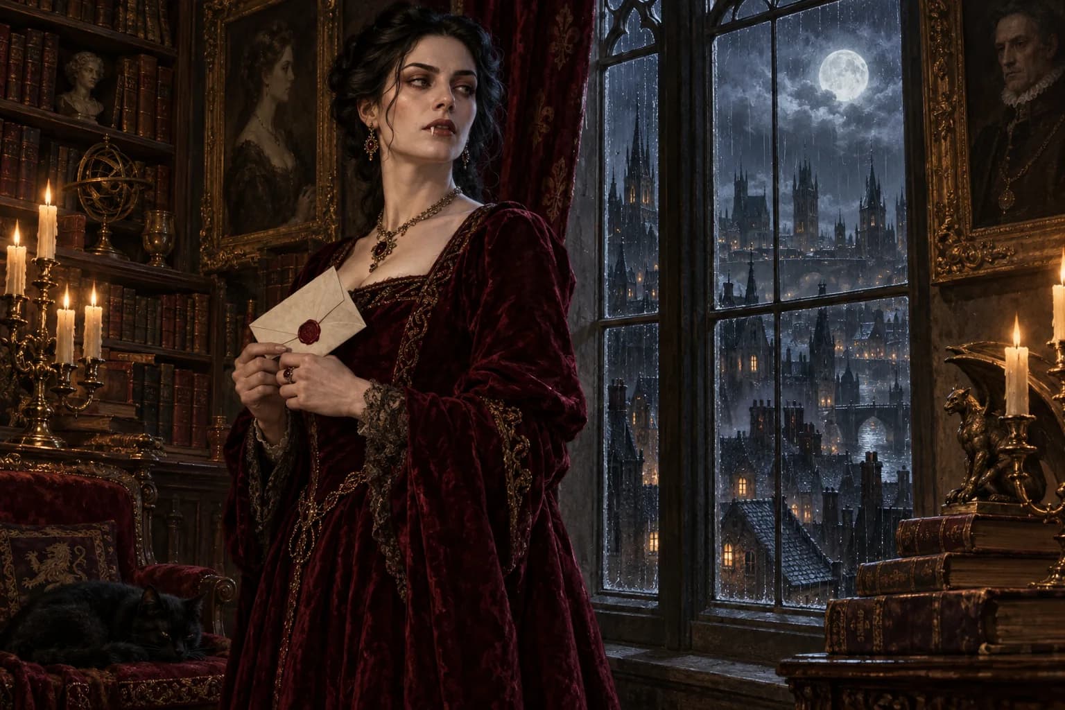 A vampire noblewoman reading a letter in a candlelit library